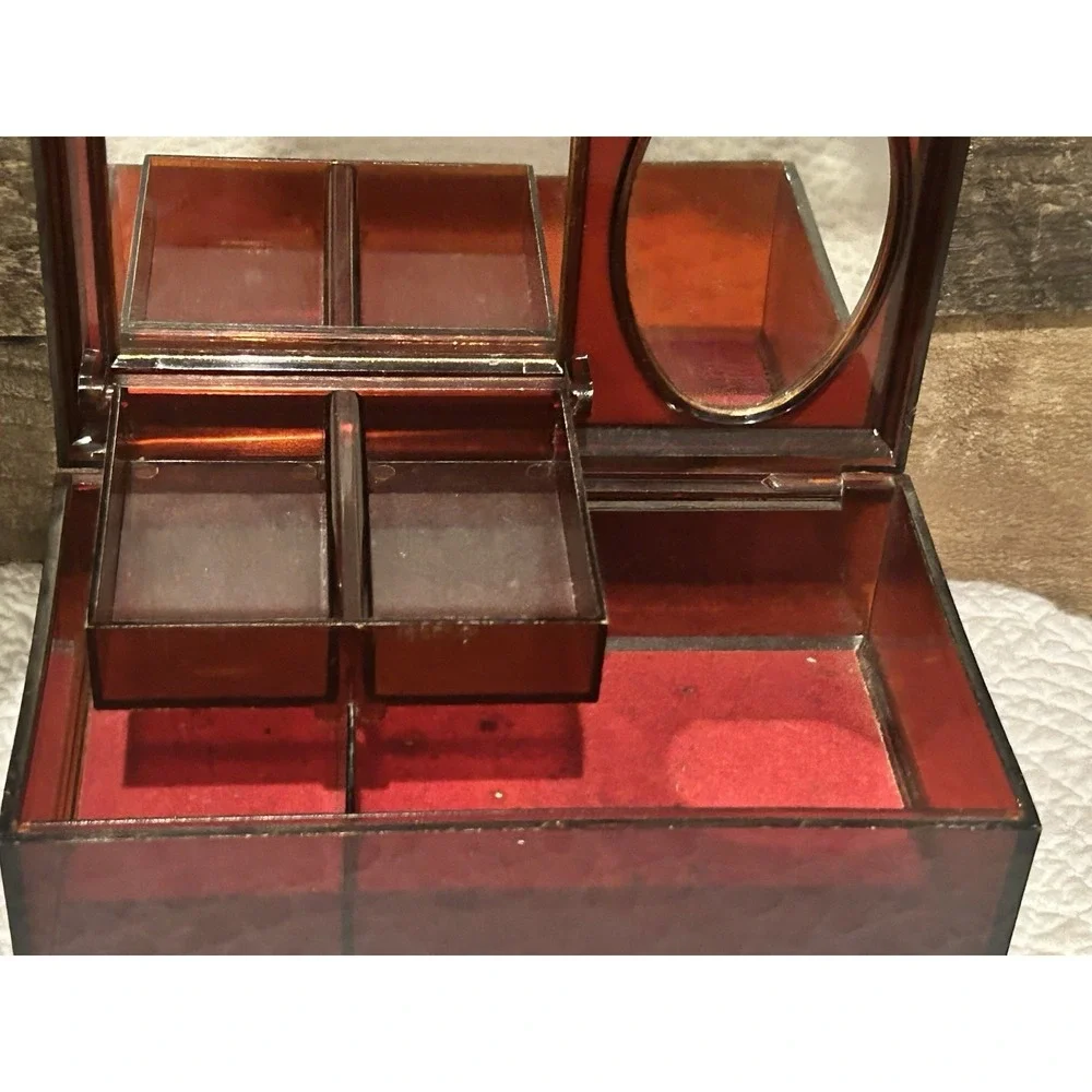 Vintage Tortoise Shell Lucite Jewelry Box Cosmetic Case made Hong Kong‎